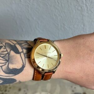 Michael Kors Watch with Gold Dial and Brown Strap